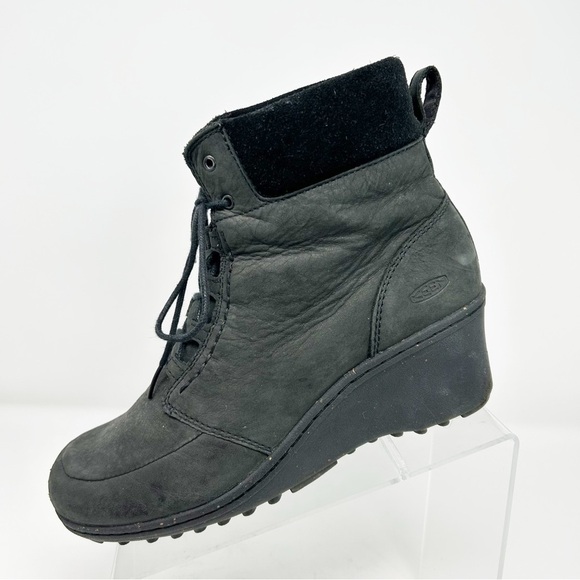 Keen Akita Black Leather Lace-Up Comfort Wedge Ankle Boots Size 9 - Picture 1 of 15